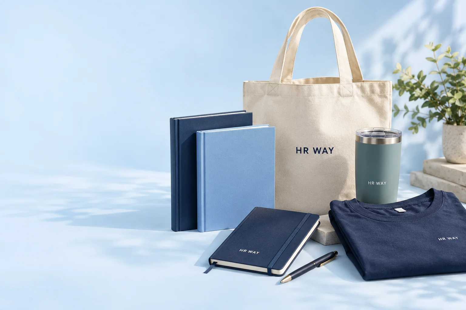 Ilustrasi koleksi HR Way: buku, tote bag, tumbler, notebook, dan kaus.